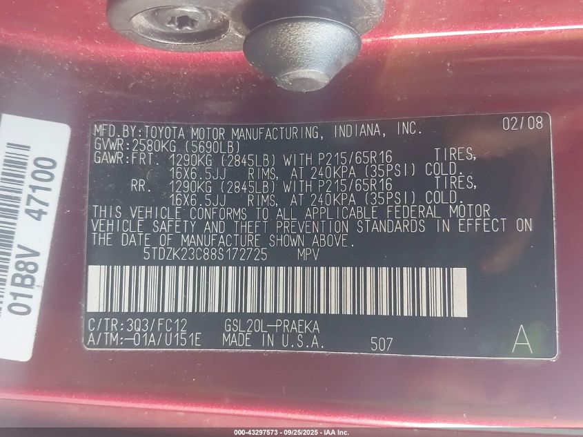 2008 Toyota Sienna Le VIN: 5TDZK23C88S172725 Lot: 43297573