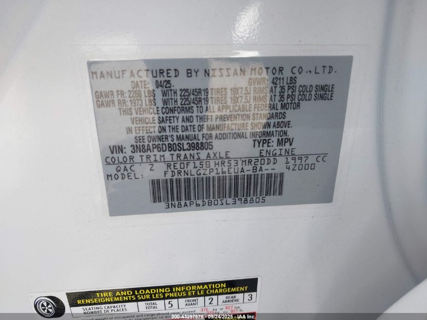 2025 Nissan Kicks Sr Intelligent Awd VIN: 3N8AP6DB0SL398805 Lot: 43297576