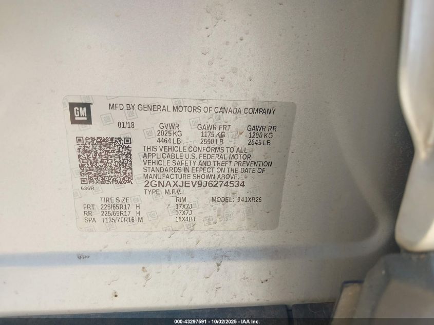 2018 Chevrolet Equinox Lt VIN: 2GNAXJEV9J6274534 Lot: 43297591