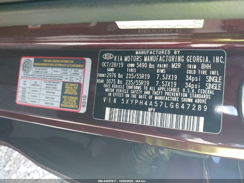 2020 Kia Sorento 3.3L Ex VIN: 5XYPH4A57LG647289 Lot: 43297617