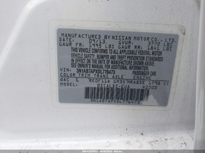 2013 Nissan Sentra Sv VIN: 3N1AB7APXDL776473 Lot: 43297632