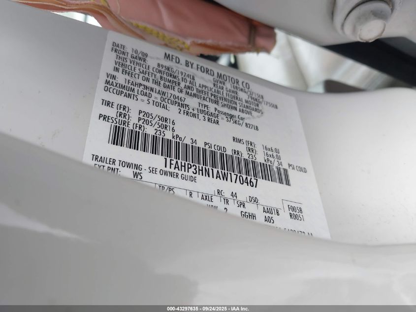 2010 Ford Focus Sel VIN: 1FAHP3HN1AW170467 Lot: 43297635