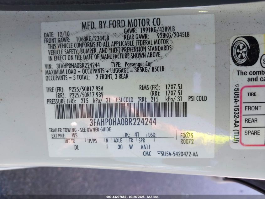 2011 Ford Fusion Se VIN: 3FAHP0HA0BR224244 Lot: 43297659