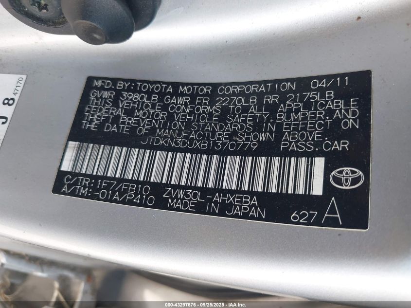 2011 Toyota Prius Two VIN: JTDKN3DUXB1370779 Lot: 43297676