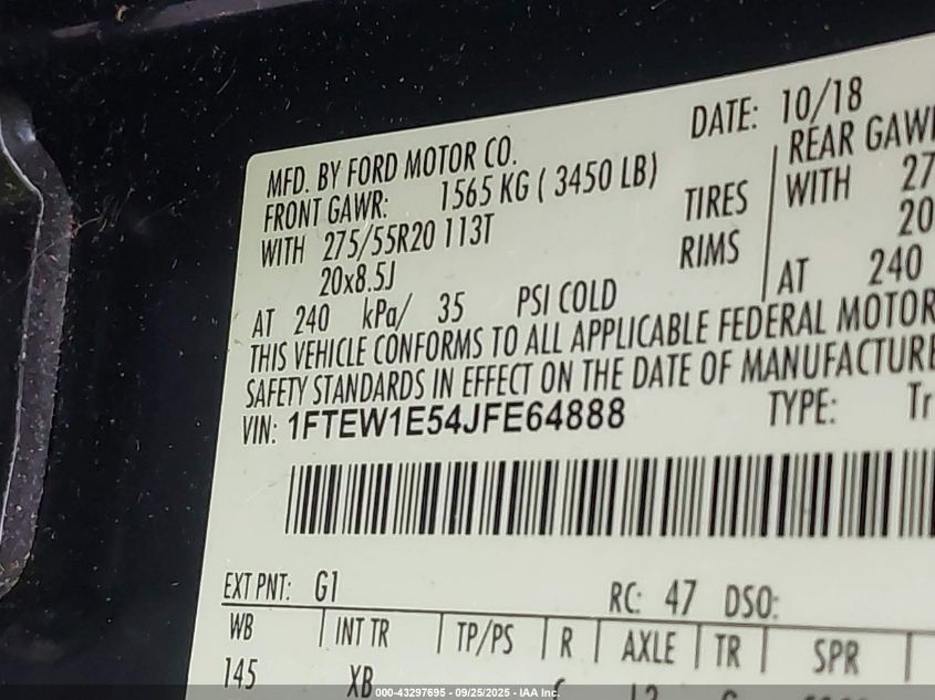 2018 Ford F-150 Xlt VIN: 1FTEW1E54JFE64888 Lot: 43297695