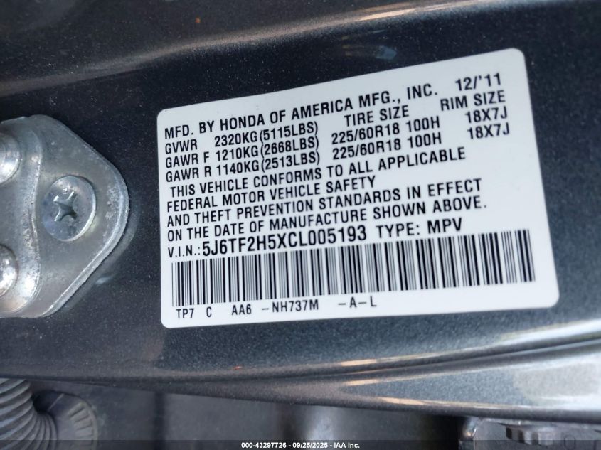 2012 Honda Crosstour Ex-L VIN: 5J6TF2H5XCL005193 Lot: 43297726