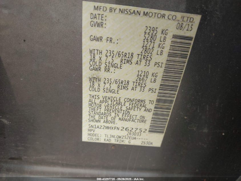2015 Nissan Murano Sv VIN: 5N1AZ2MHXFN262752 Lot: 43297728