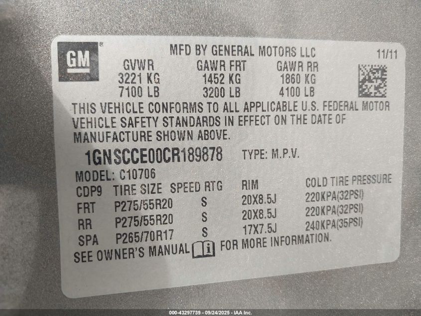 2012 Chevrolet Tahoe Ltz VIN: 1GNSCCE00CR189878 Lot: 43297739