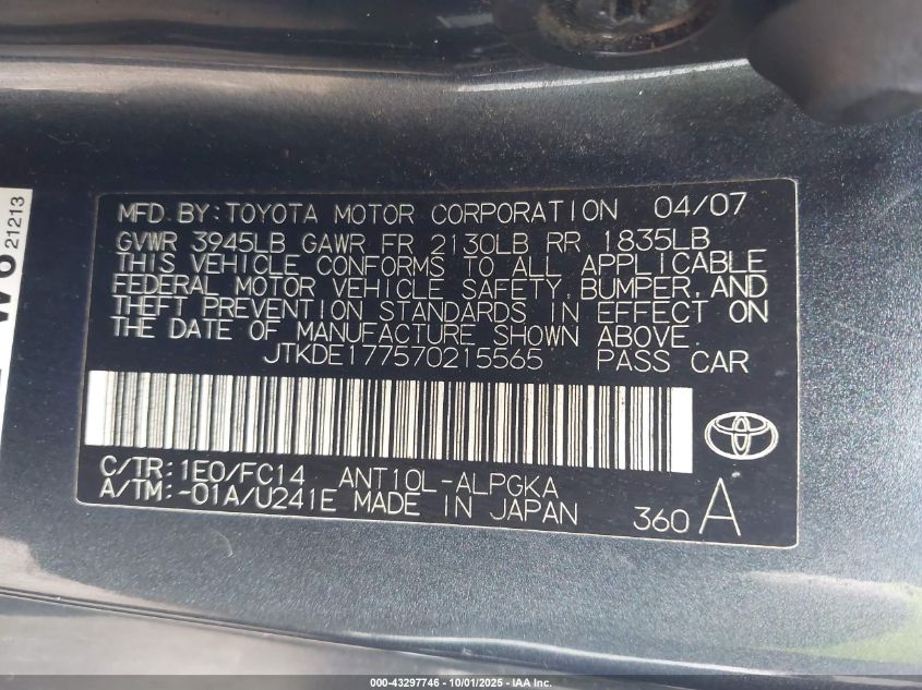 2007 Scion Tc VIN: JTKDE177570215565 Lot: 43297746