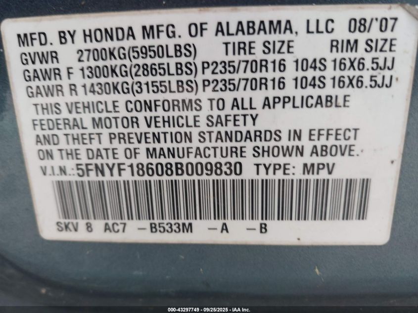 2008 Honda Pilot Ex-L VIN: 5FNYF18608B009830 Lot: 43297749