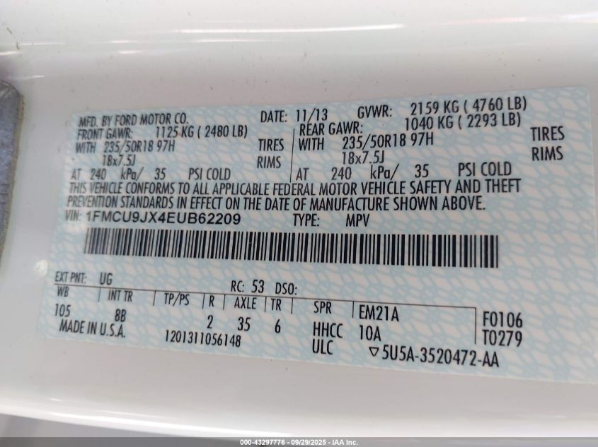 2014 Ford Escape Titanium VIN: 1FMCU9JX4EUB62209 Lot: 43297776