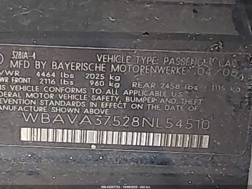 2008 BMW 328I VIN: WBAVA37528NL54510 Lot: 43297782