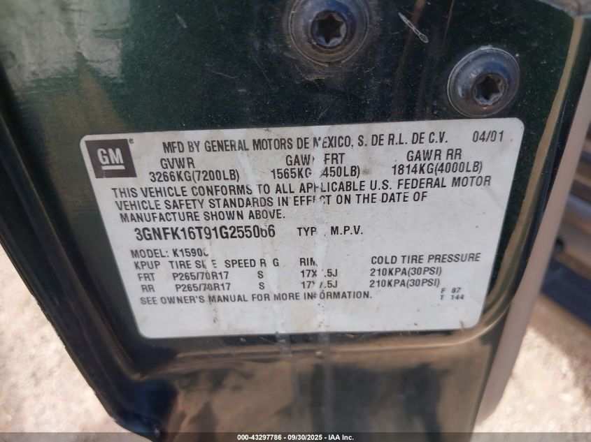 2001 Chevrolet Suburban 1500 Ls VIN: 3GNFK16T91G255066 Lot: 43297786