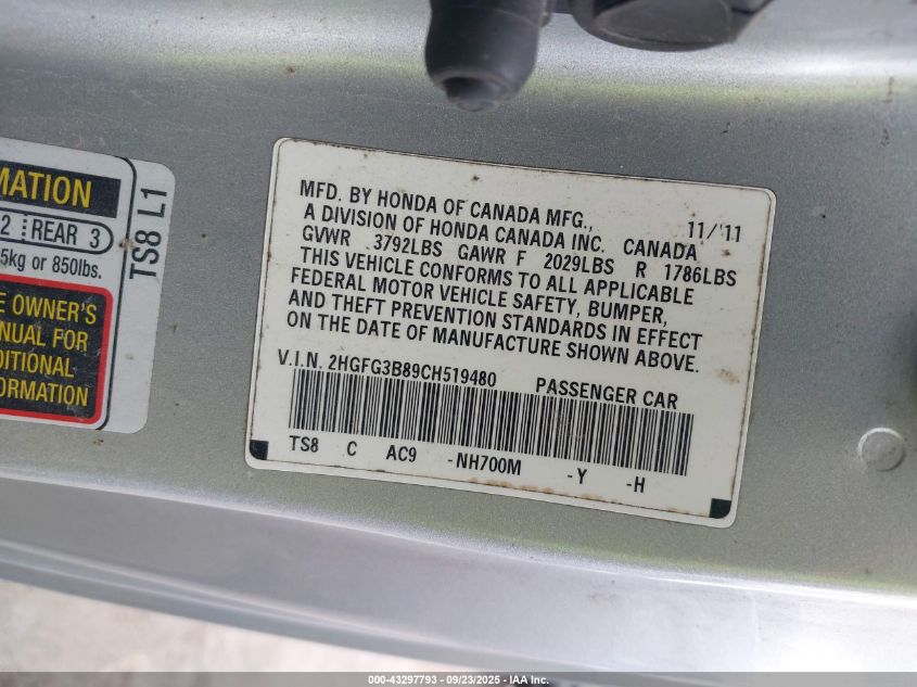 2012 Honda Civic Ex VIN: 2HGFG3B89CH519480 Lot: 43297793