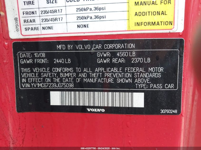 2009 Volvo C70 T5 VIN: YV1MC67239J075098 Lot: 43297795