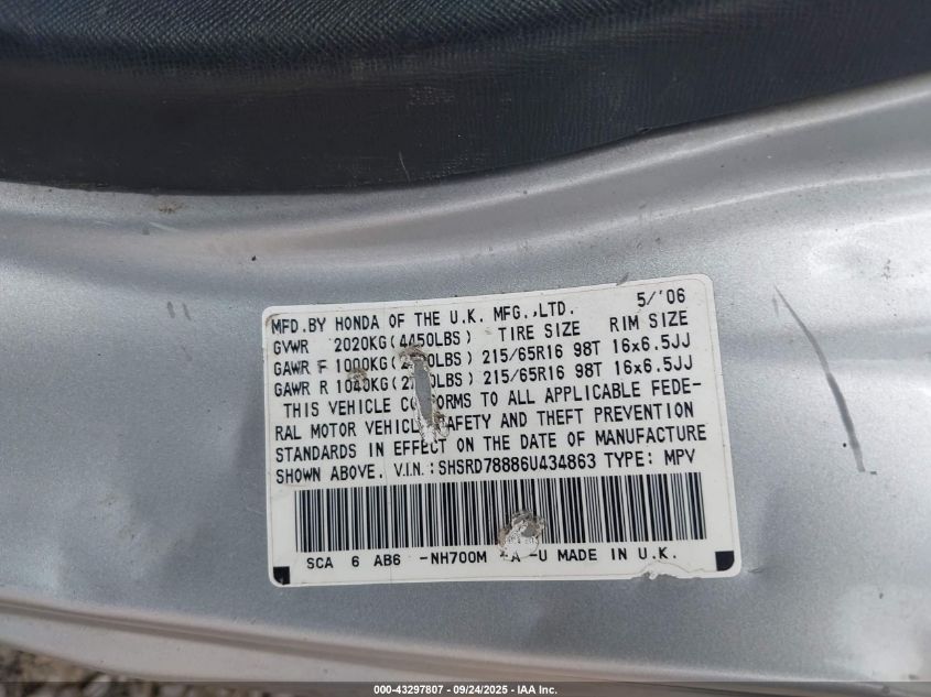 2006 Honda Cr-V Ex VIN: SHSRD78886U434863 Lot: 43297807