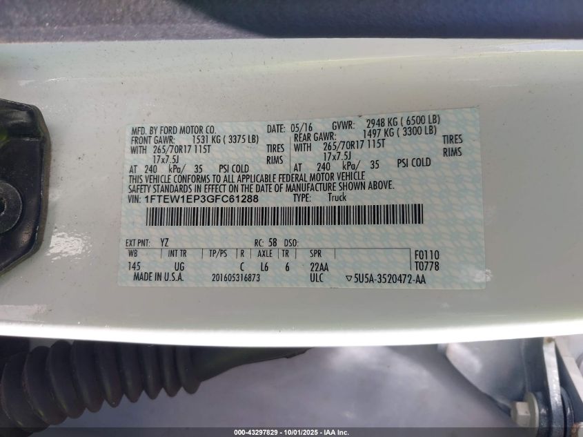 2016 Ford F-150 VIN: 1FTEW1EP3GFC61288 Lot: 43297829