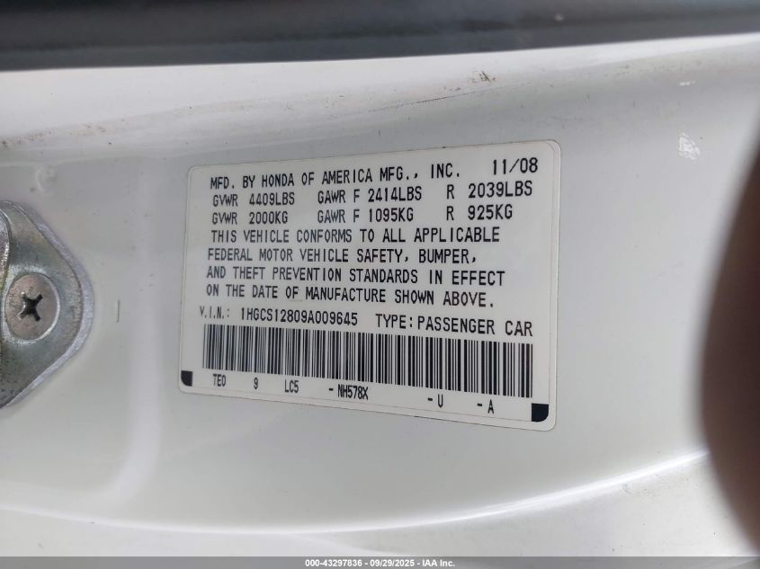 2009 Honda Accord 2.4 Ex-L VIN: 1HGCS12809A009645 Lot: 43297836