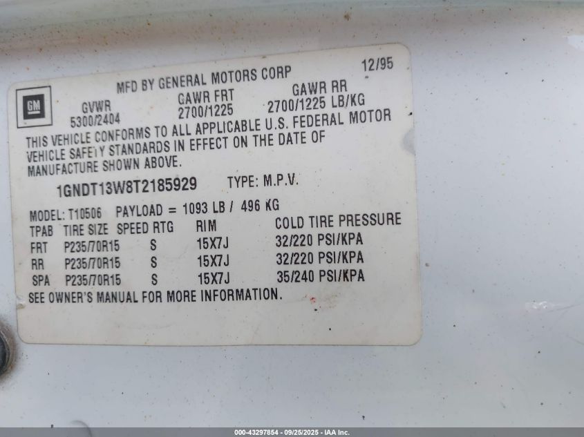 1996 Chevrolet Blazer VIN: 1GNDT13W8T2185929 Lot: 43297854