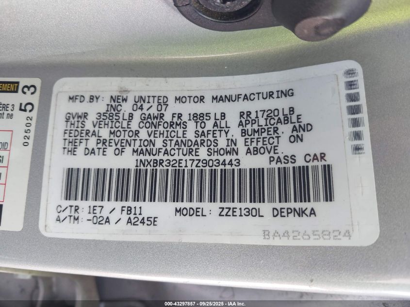 2007 Toyota Corolla Le VIN: 1NXBR32E17Z903443 Lot: 43297857