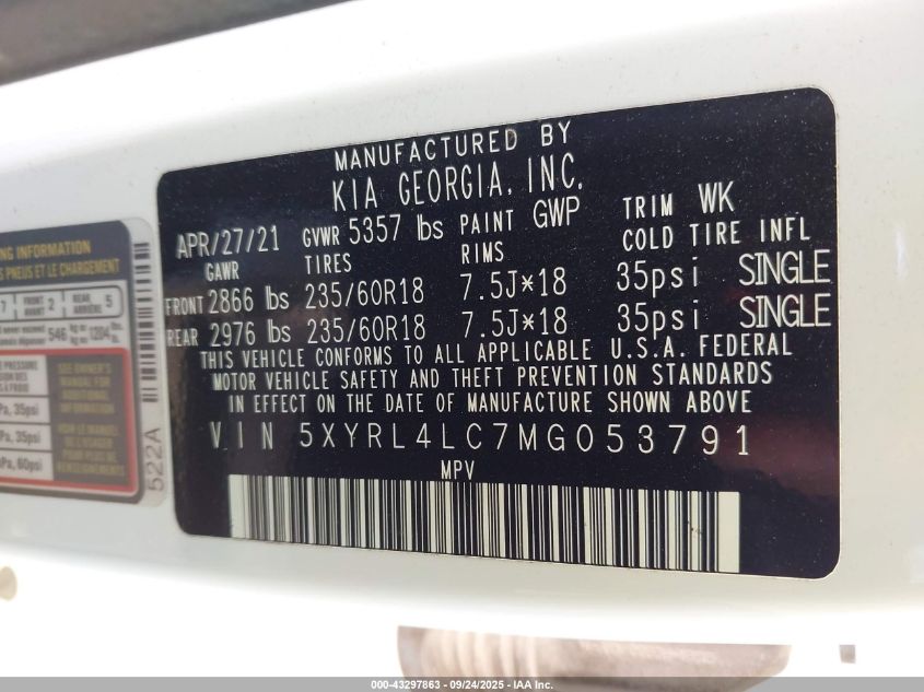 2021 Kia Sorento S VIN: 5XYRL4LC7MG053791 Lot: 43297863