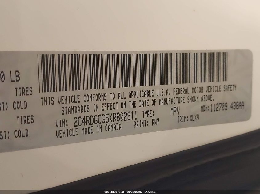 2019 Dodge Grand Caravan Sxt 35Th Anniversary Edition VIN: 2C4RDGCG5KR802811 Lot: 43297883