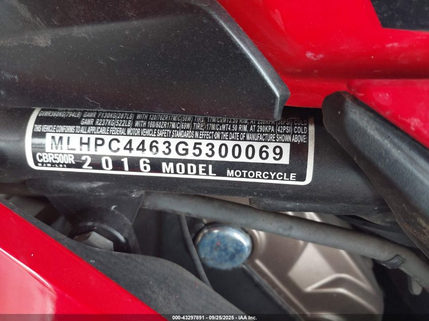 2016 Honda Cbr500 R VIN: MLHPC4463G5300069 Lot: 43297891