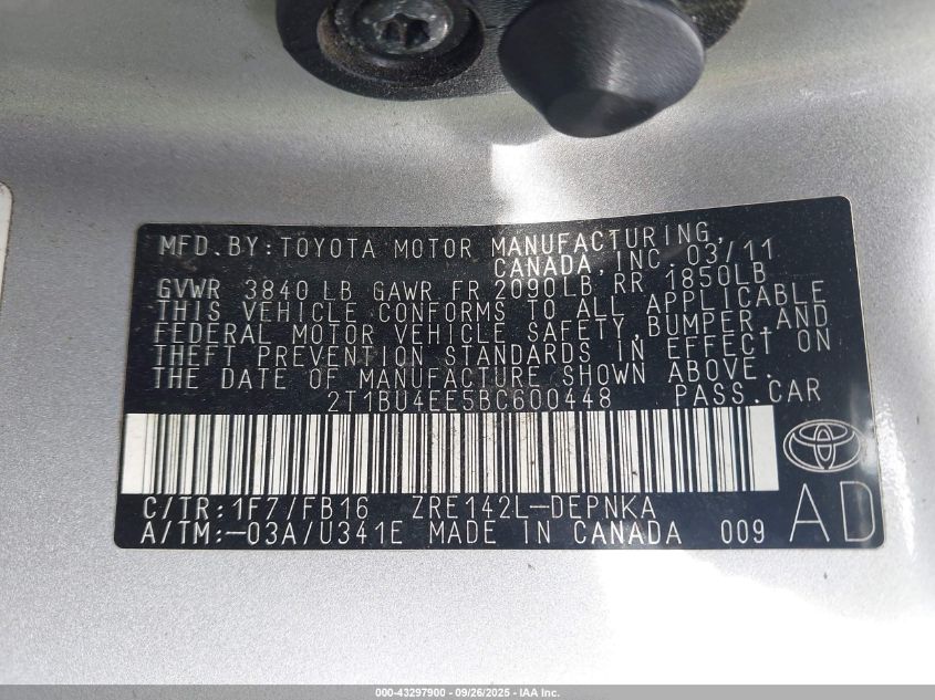 2011 Toyota Corolla Le VIN: 2T1BU4EE5BC600448 Lot: 43297900