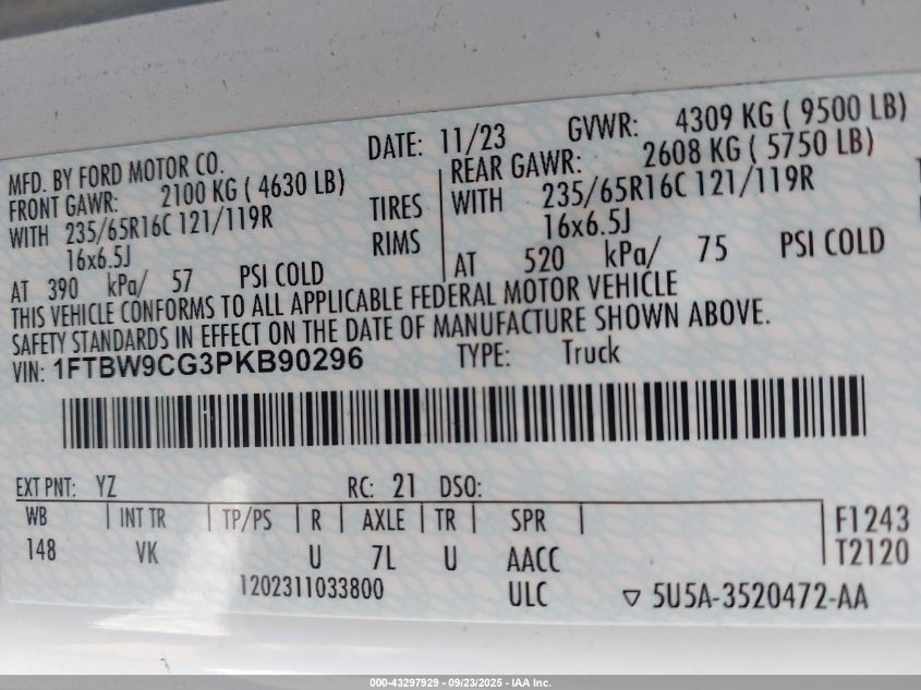 2023 Ford Transit-350 VIN: 1FTBW9CG3PKB90296 Lot: 43297929