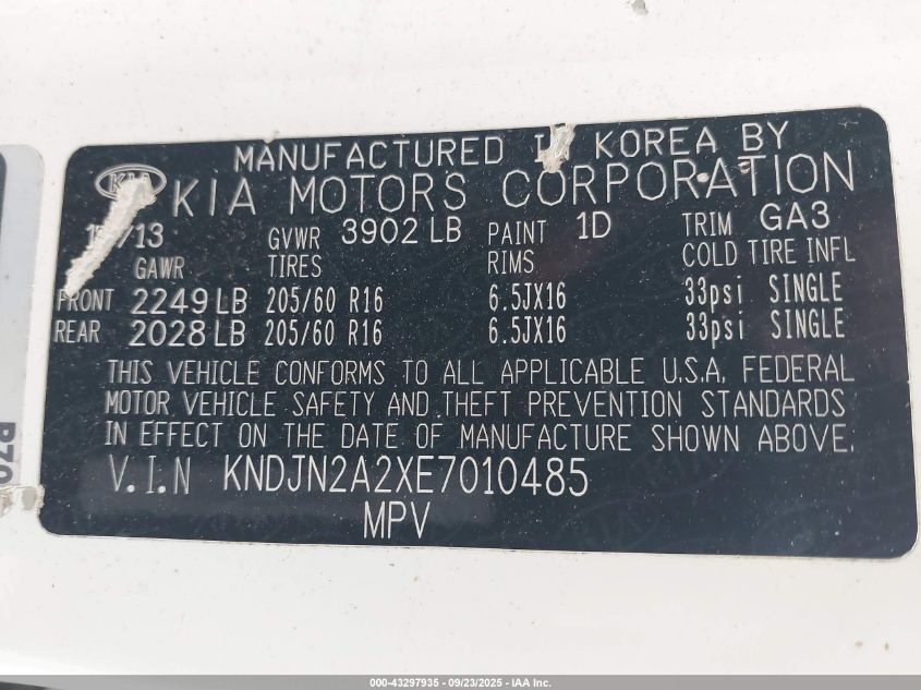 2014 Kia Soul VIN: KNDJN2A2XE7010485 Lot: 43297935
