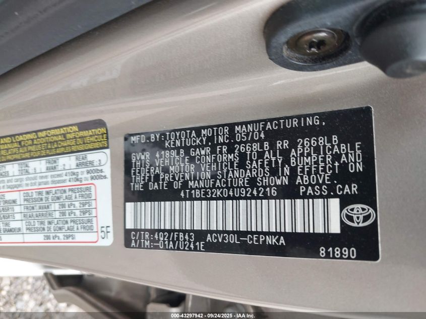 2004 Toyota Camry Le VIN: 4T1BE32K04U924216 Lot: 43297942