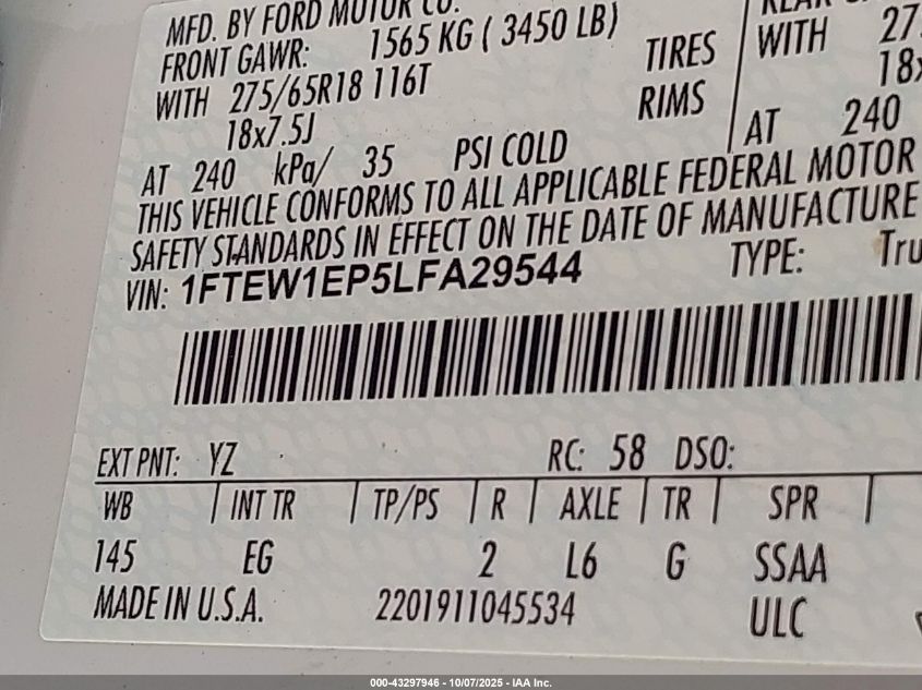 2020 Ford F-150 VIN: 1FTEW1EP5LFA29544 Lot: 43297946