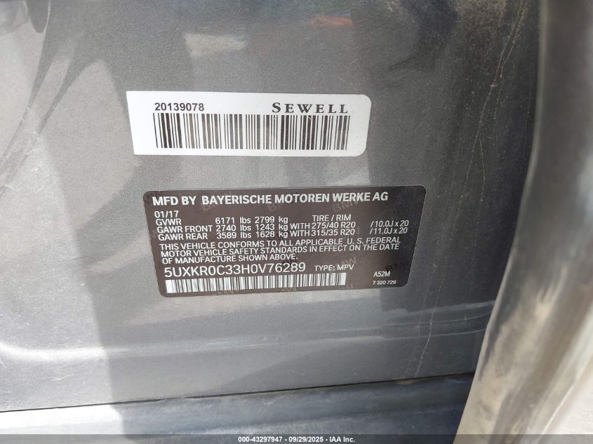 2017 BMW X5 xDrive35I VIN: 5UXKR0C33H0V76289 Lot: 43297947