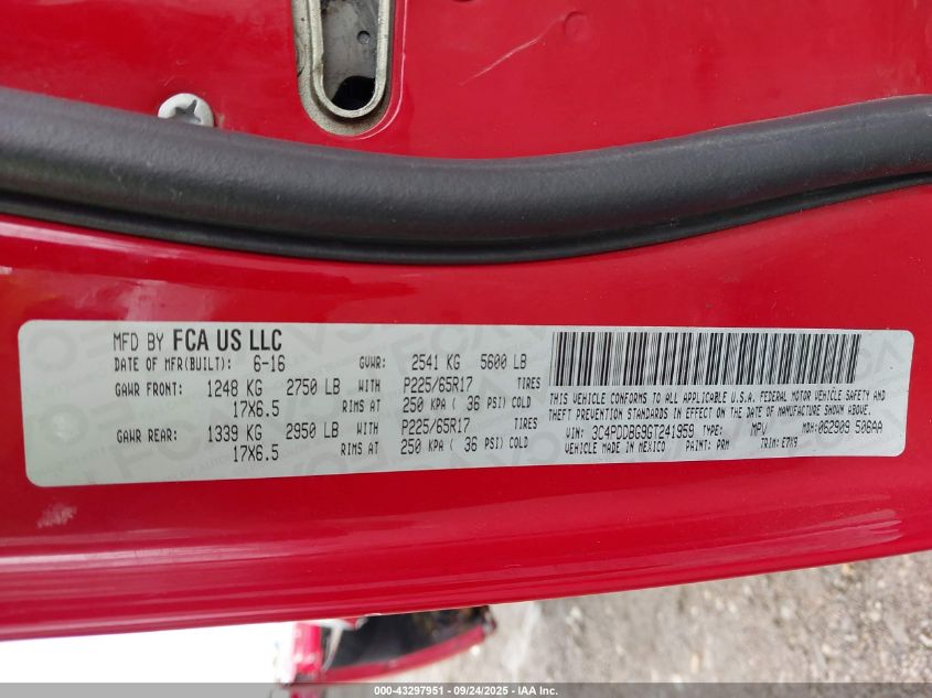 2016 Dodge Journey Sxt VIN: 3C4PDDBG9GT241959 Lot: 43297951