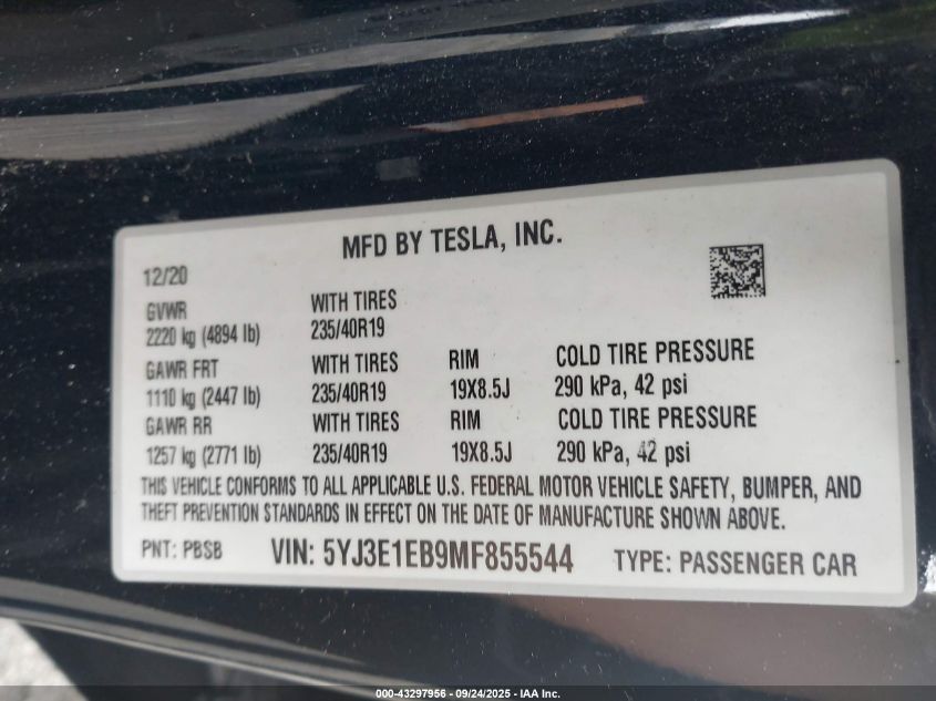 2021 Tesla Model 3 Long Range Dual Motor All-Wheel Drive VIN: 5YJ3E1EB9MF855544 Lot: 43297956