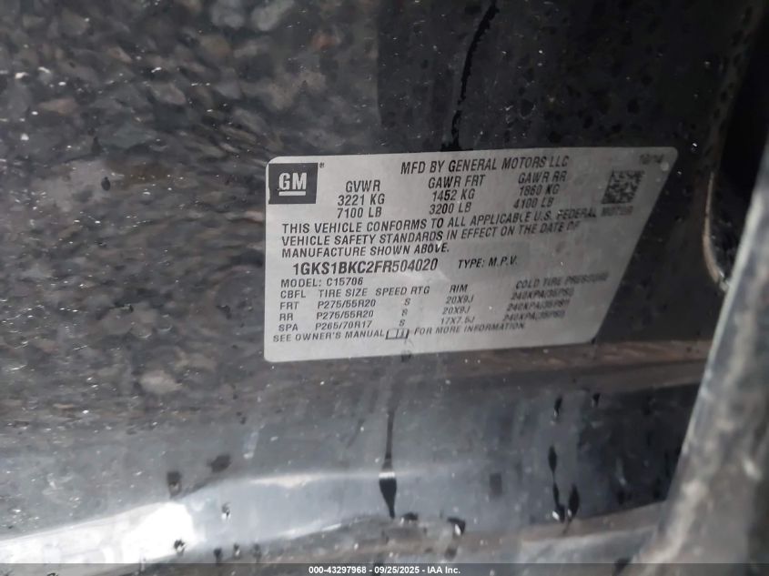 2015 GMC Yukon Slt VIN: 1GKS1BKC2FR504020 Lot: 43297968