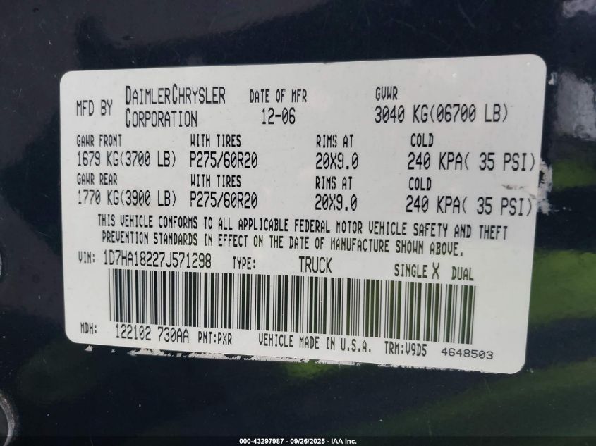 2007 Dodge Ram 1500 Slt VIN: 1D7HA18227J571298 Lot: 43297987