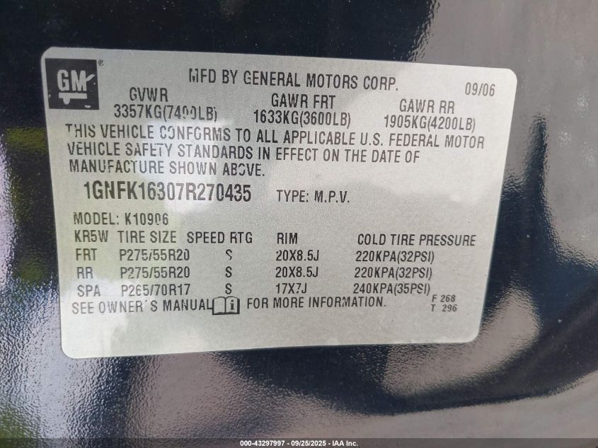 2007 Chevrolet Suburban 1500 Ltz VIN: 1GNFK16307R270435 Lot: 43297997