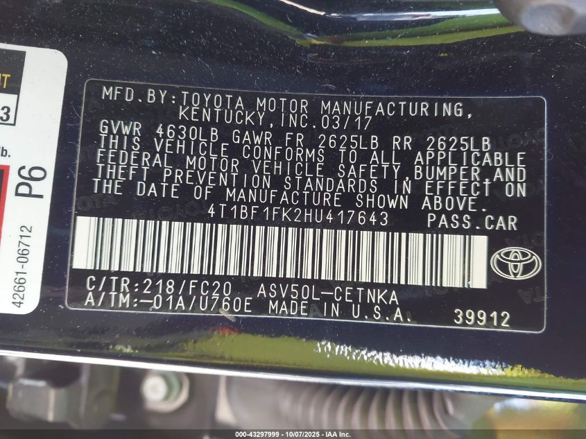 2017 Toyota Camry Le VIN: 4T1BF1FK2HU417643 Lot: 43297999