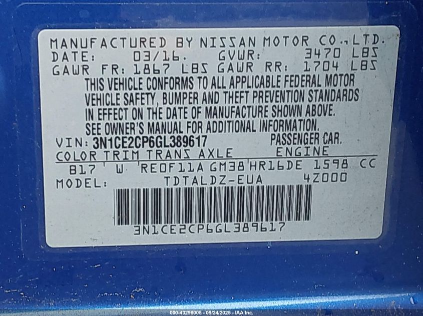 2016 Nissan Versa Note Sv VIN: 3N1CE2CP6GL389617 Lot: 43298005