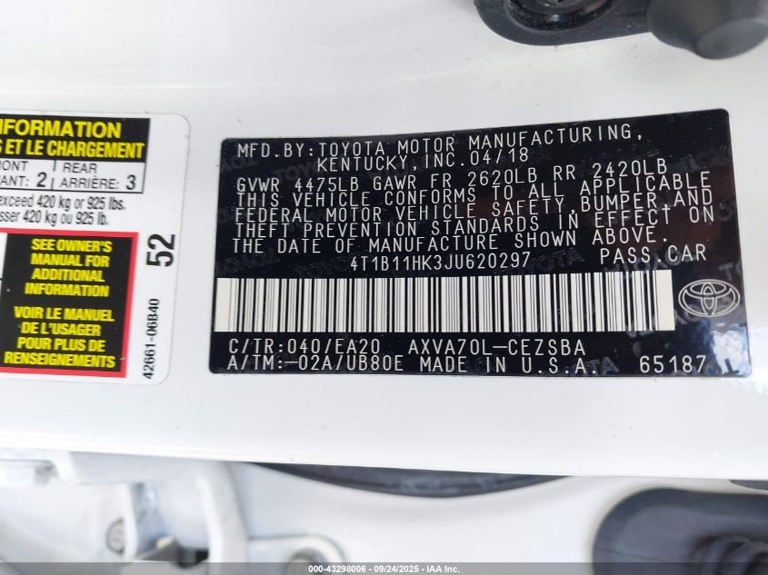 2018 Toyota Camry Se VIN: 4T1B11HK3JU620297 Lot: 43298006