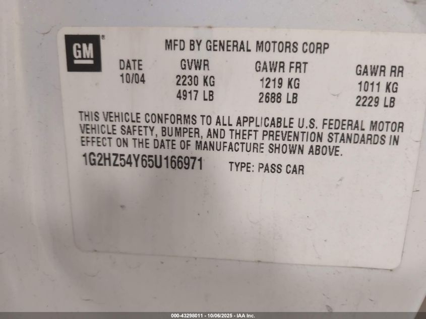 2005 Pontiac Bonneville Gxp VIN: 1G2HZ54Y65U166971 Lot: 43298011