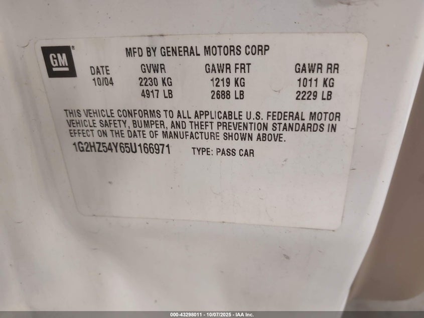 2005 Pontiac Bonneville Gxp VIN: 1G2HZ54Y65U166971 Lot: 43298011