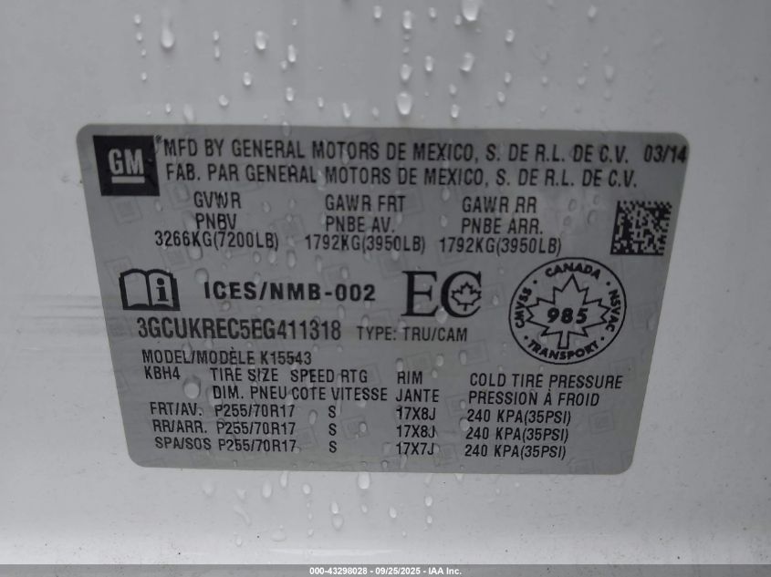 2014 Chevrolet Silverado 1500 1Lt/2Lt VIN: 3GCUKREC5EG411318 Lot: 43298028