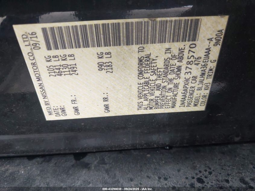 2017 Nissan Maxima 3.5 Platinum VIN: 1N4AA6APXHC378570 Lot: 43298038