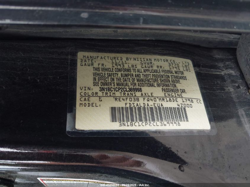 2012 Nissan Versa 1.8 S VIN: 3N1BC1CP2CL369998 Lot: 43298058