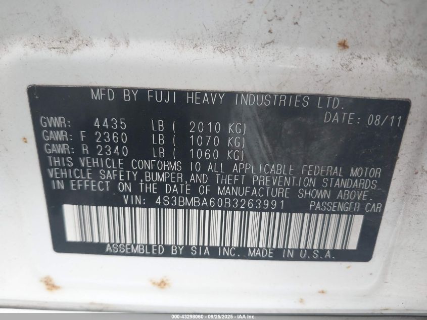 2011 Subaru Legacy 2.5I VIN: 4S3BMBA60B3263991 Lot: 43298060