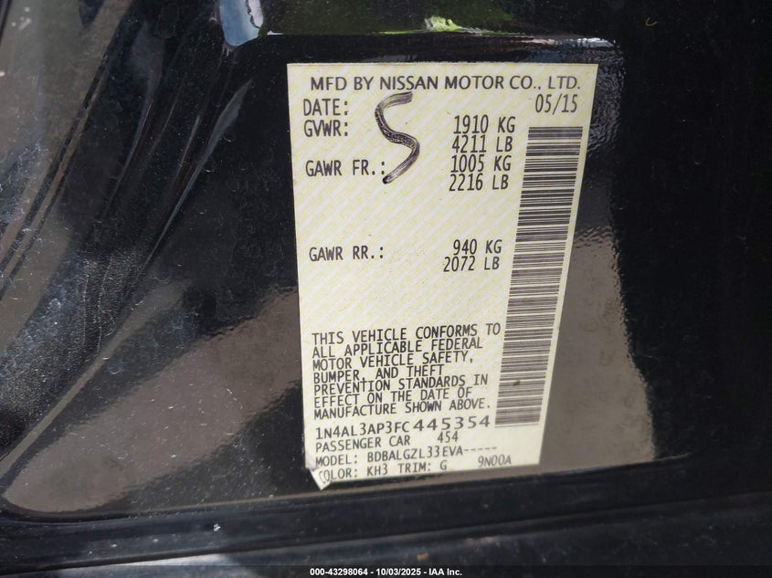 2015 Nissan Altima 2.5/2.5 S/2.5 Sl/2.5 Sv VIN: 1N4AL3AP3FC445354 Lot: 43298064