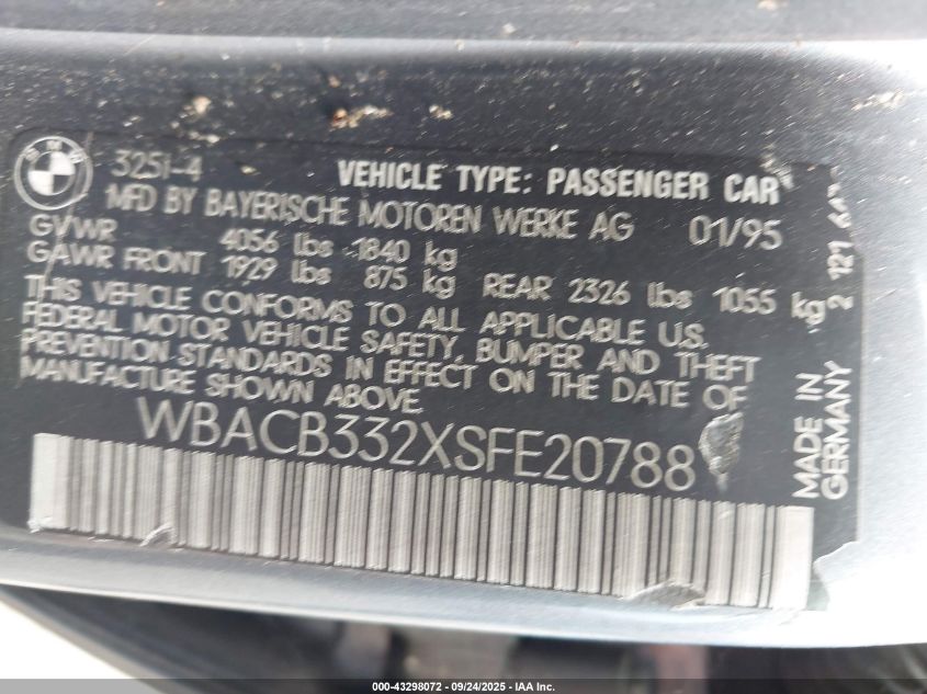 1995 BMW 325 I VIN: WBACB332XSFE20788 Lot: 43298072