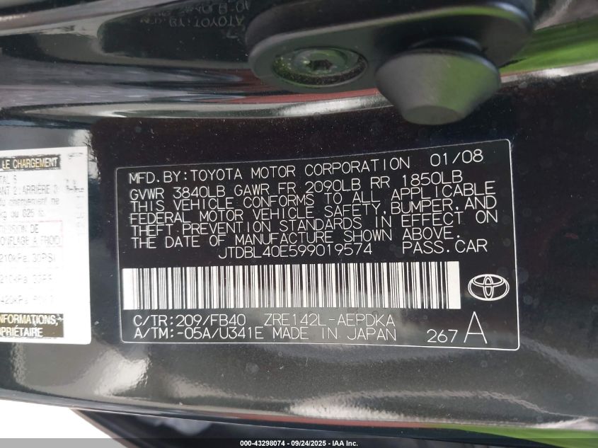 2009 Toyota Corolla Le VIN: JTDBL40E599019574 Lot: 43298074